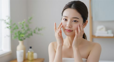 若い日本人女性が、自然由来の発酵美容液を顔に塗っている様子。明るいバスルームで、背景にはシンプルで清潔感のあるインテリアと観葉植物が配置されています。